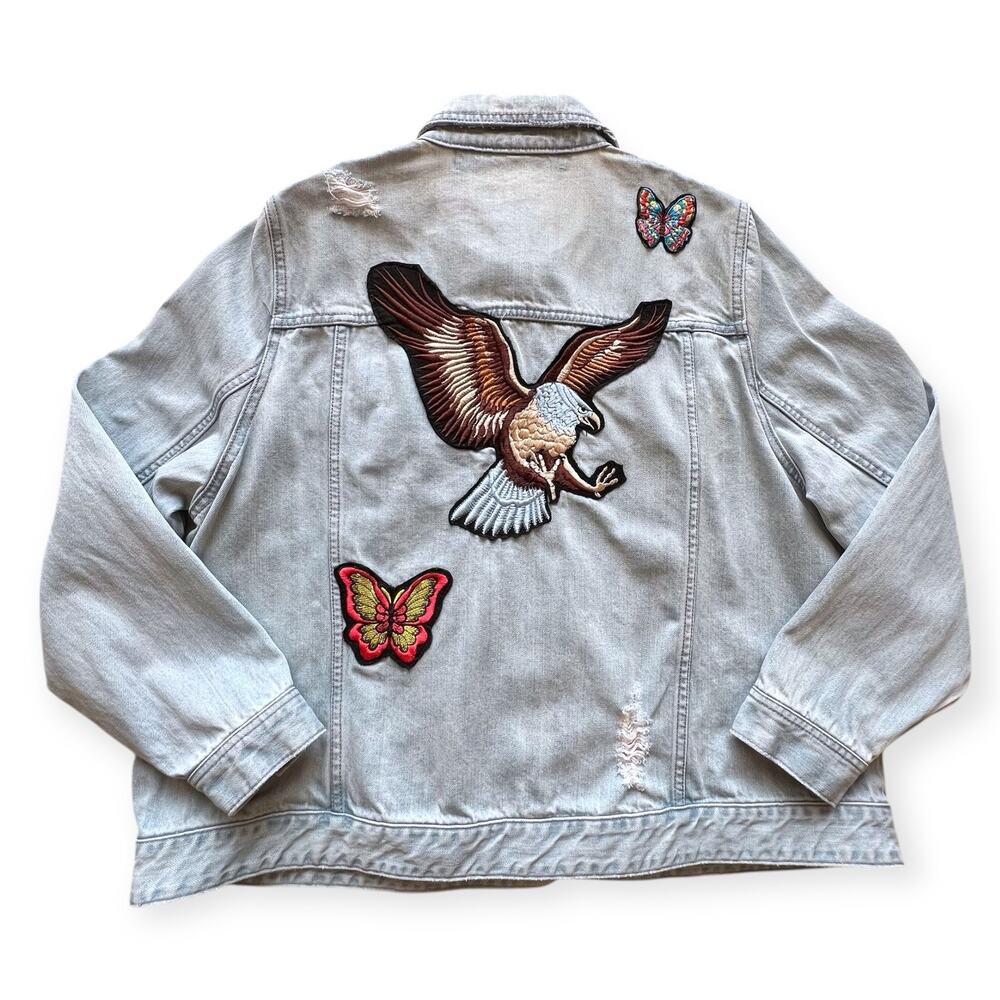 Simply Bee Denim Jacket Plus Size Jean Embroidered Eagle Butterflies Distressed